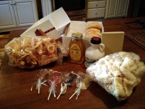 Don's pork rinds & my donuts, syrup, honey and adorable bunny shaped lollipops for my grandkids. (Don't tell them!)