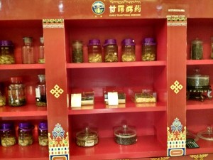 Traditional Chinese medicines in a display inside the restaurant.