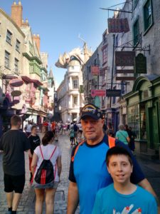 Looking down Diagon Alley to Gringott's Bank with the dragon on top.